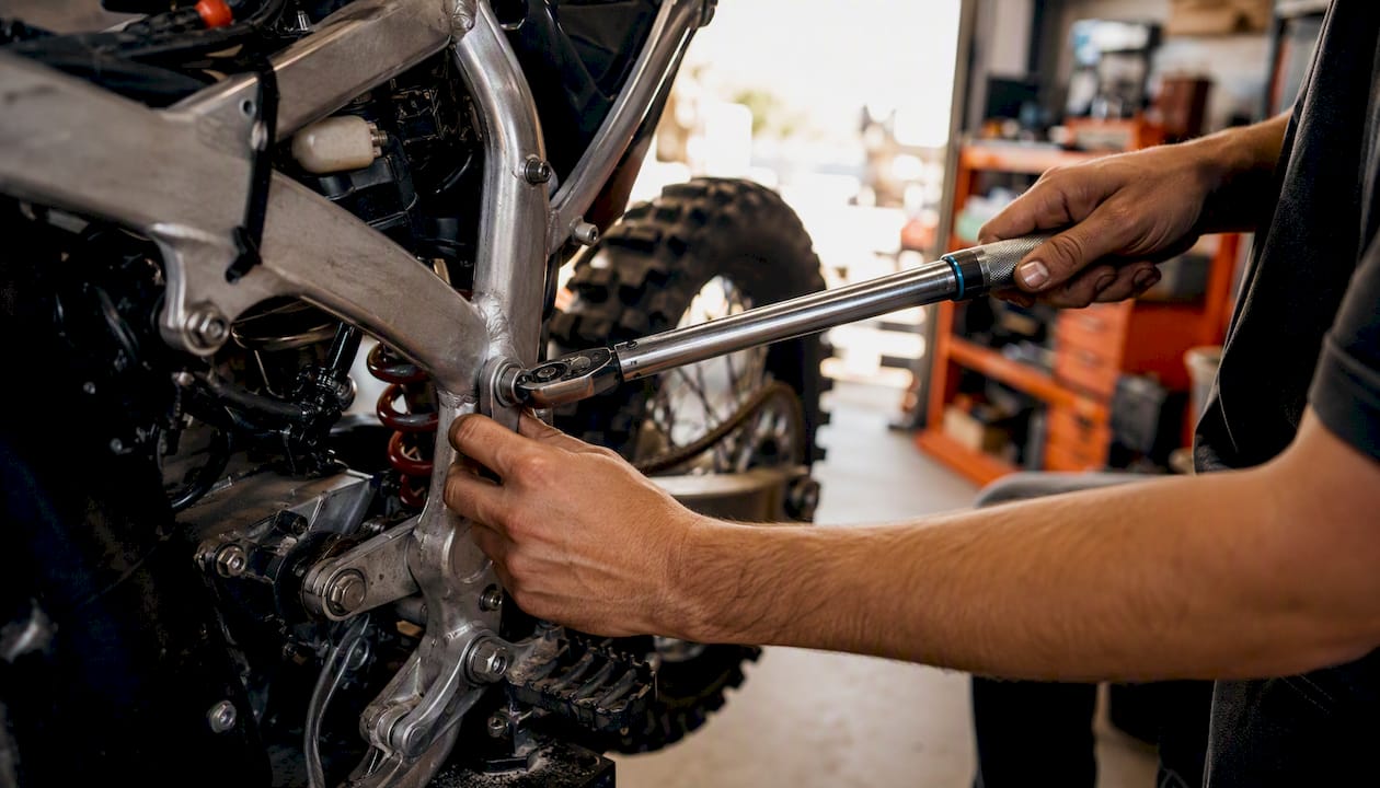 Hands re-torquing motorcycle suspension bolts