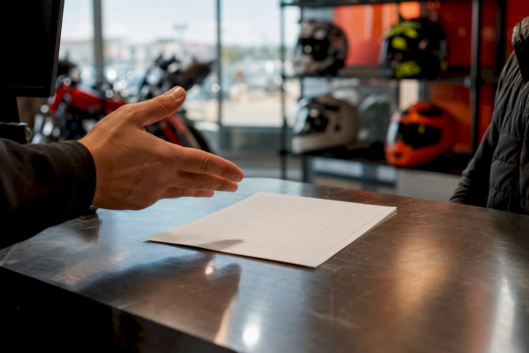 Hand pointing at pricing sheet on table