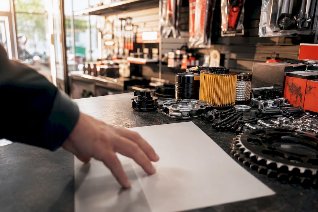 Organized powersports parts counter with hands and checklist