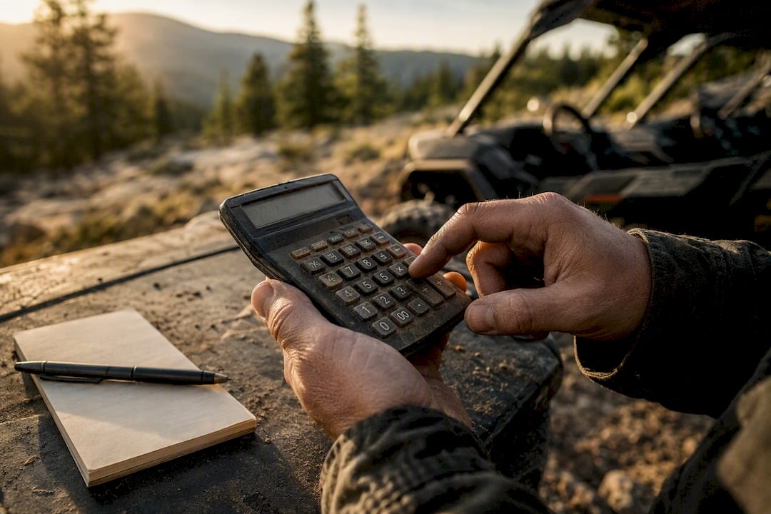 Hands calculating UTV cost with calculator