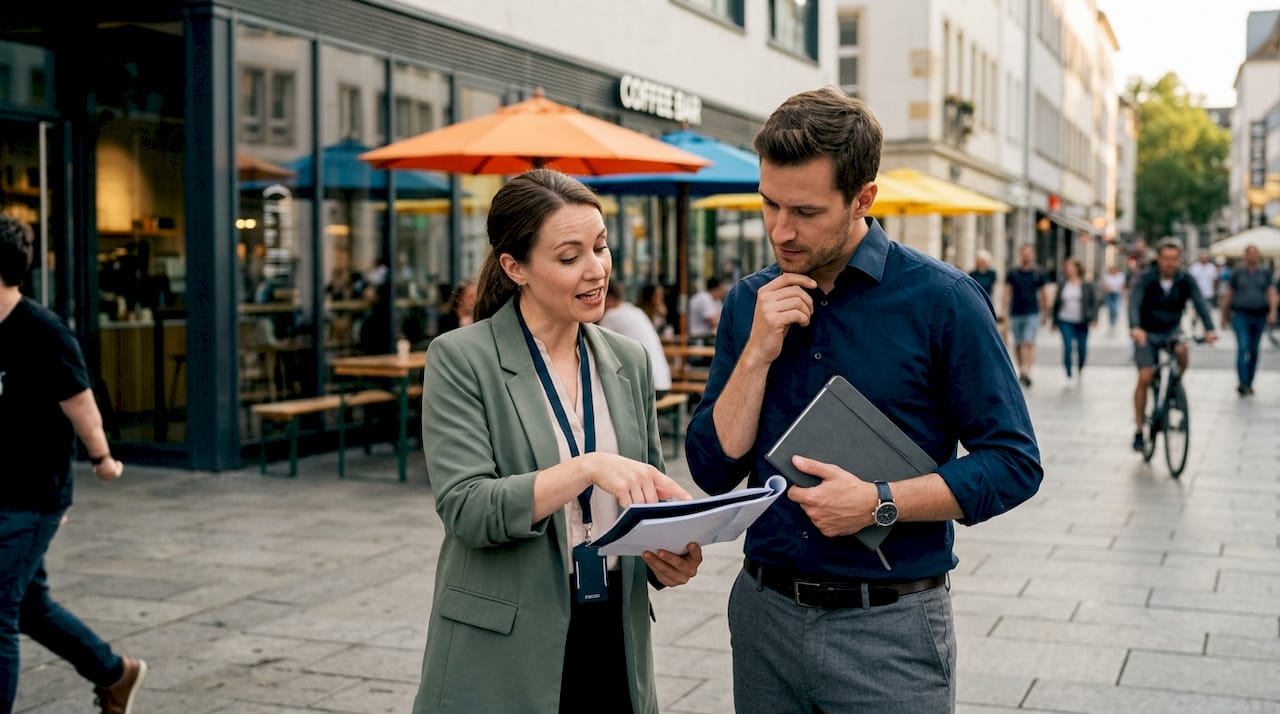 Twee mensen bekijken samen buiten de papieren van het verhuisbedrijf.