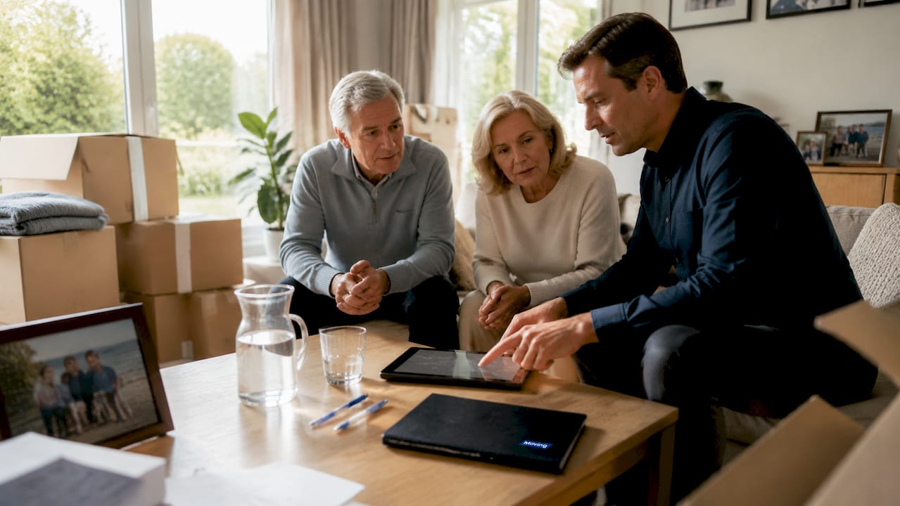 Een ouder echtpaar bespreekt samen met een adviseur de plannen voor hun aanstaande verhuizing.