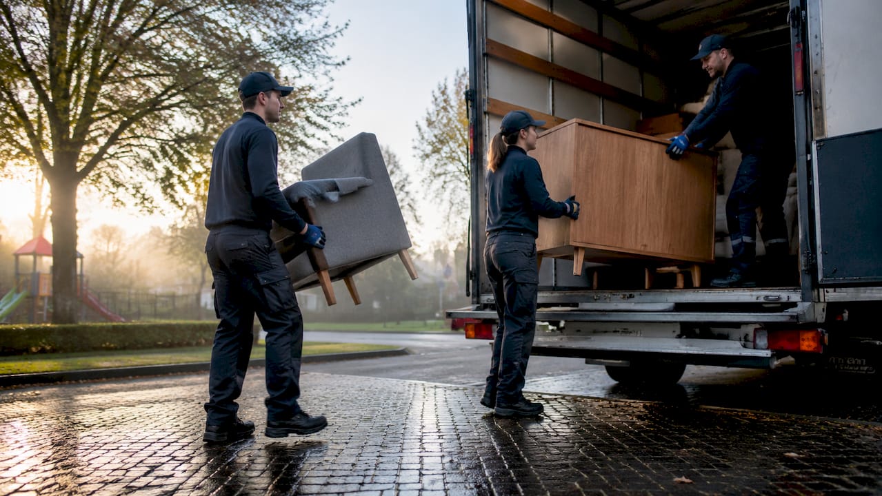 Verhuizers laden meubels in een straat in Tilburg in de verhuiswagen