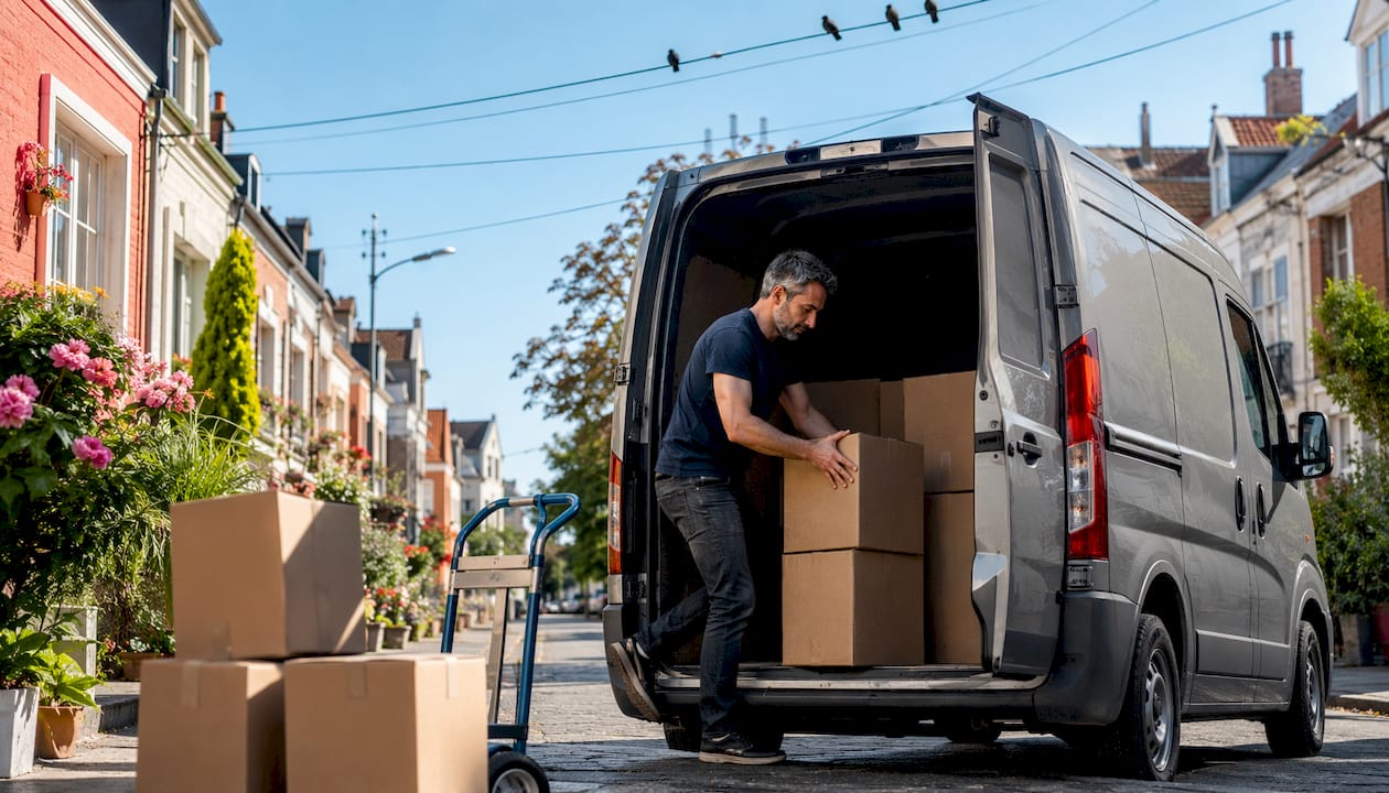 A man is outside loading boxes into a moving van.