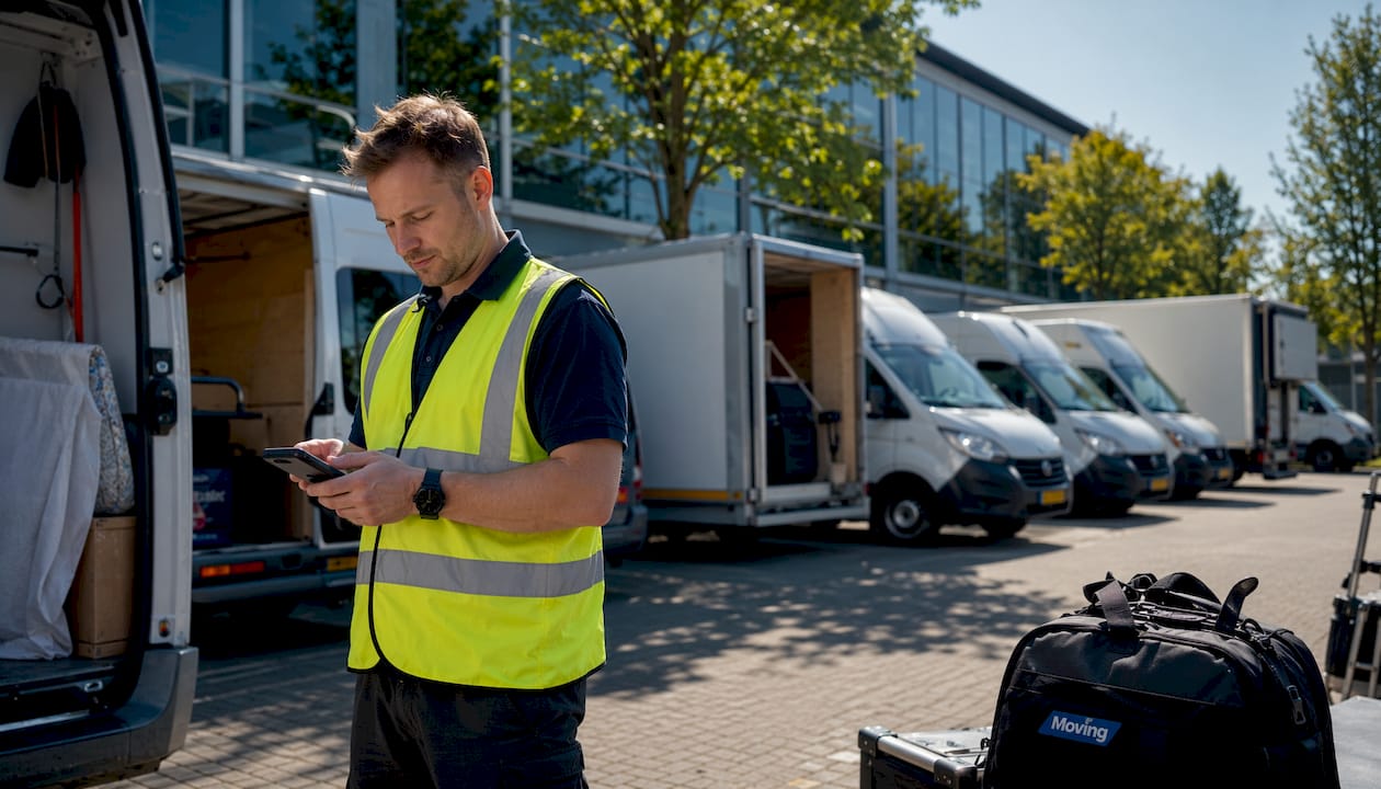Verhuiswagens staan op het terrein van het verhuurbedrijf opgesteld.