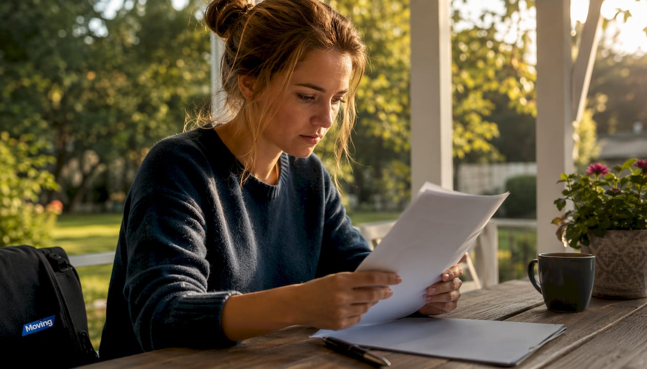 Een vrouw bladert door offertes aan haar bureau in een eenvoudig ingericht kantoor.