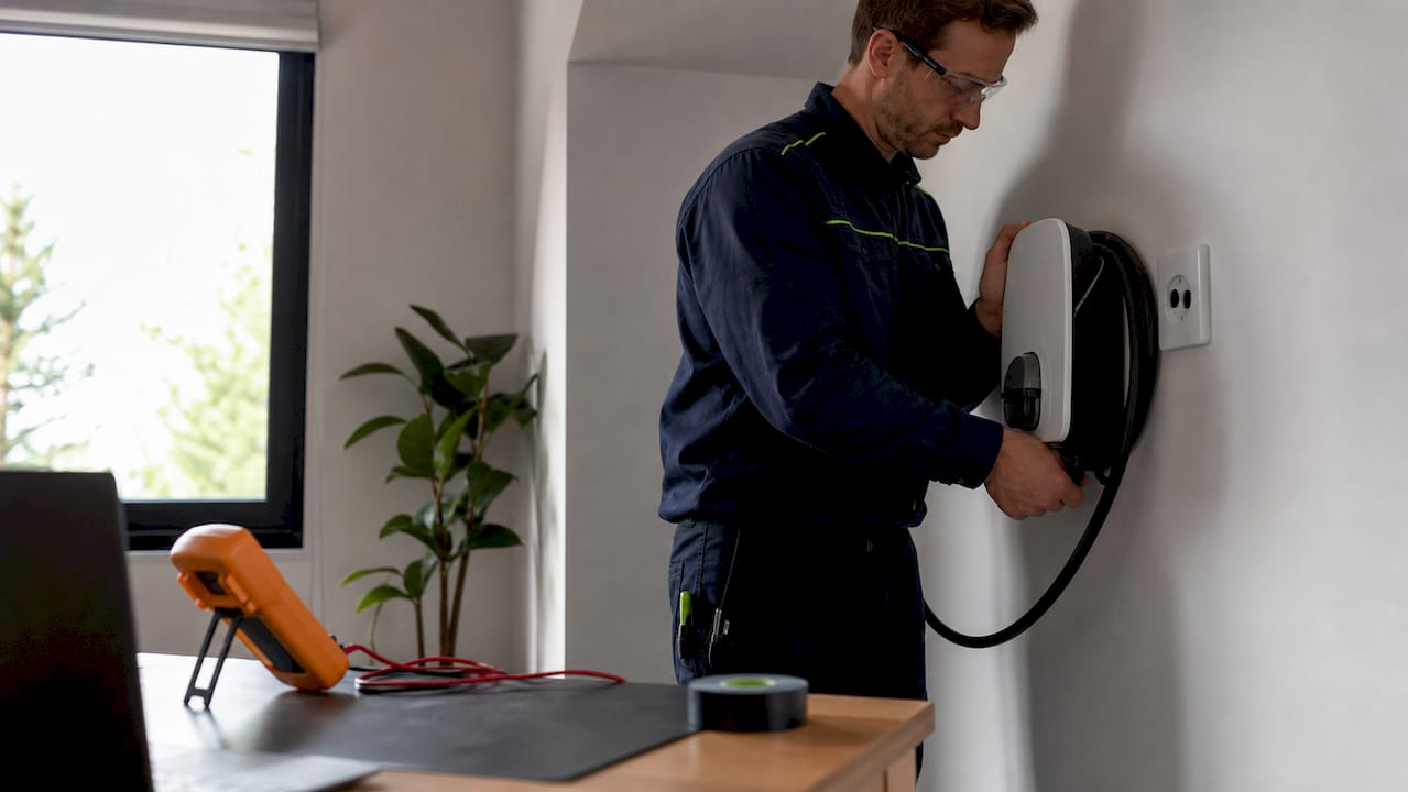 Electrician installing wiring for EV charger
