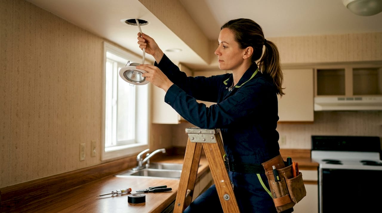 Residential electrician installing wiring in home wall