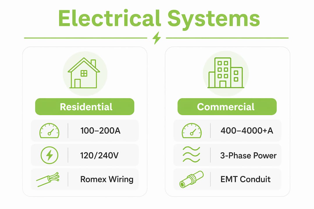 Infographic comparing commercial and residential electrical systems