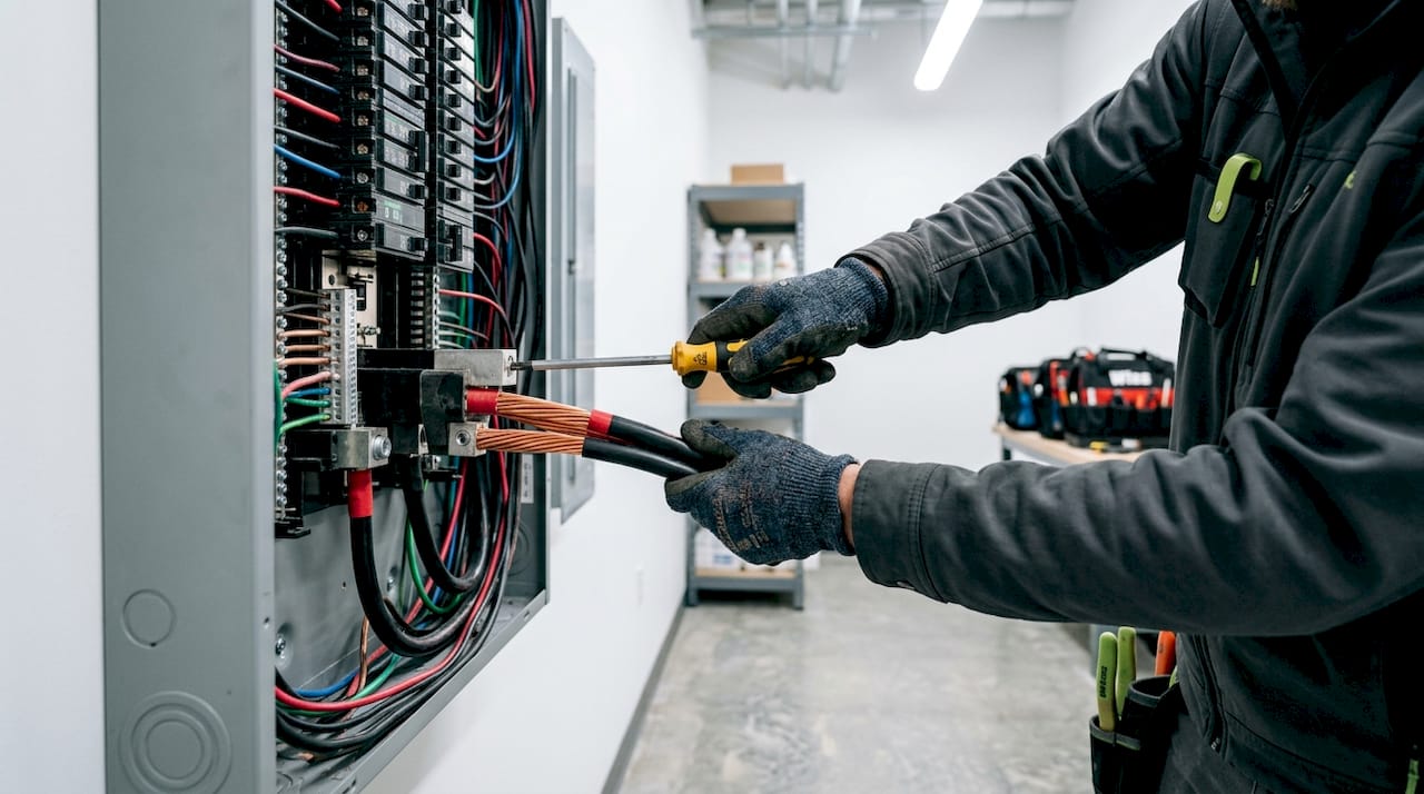 Electrician tightening electrical wiring connections