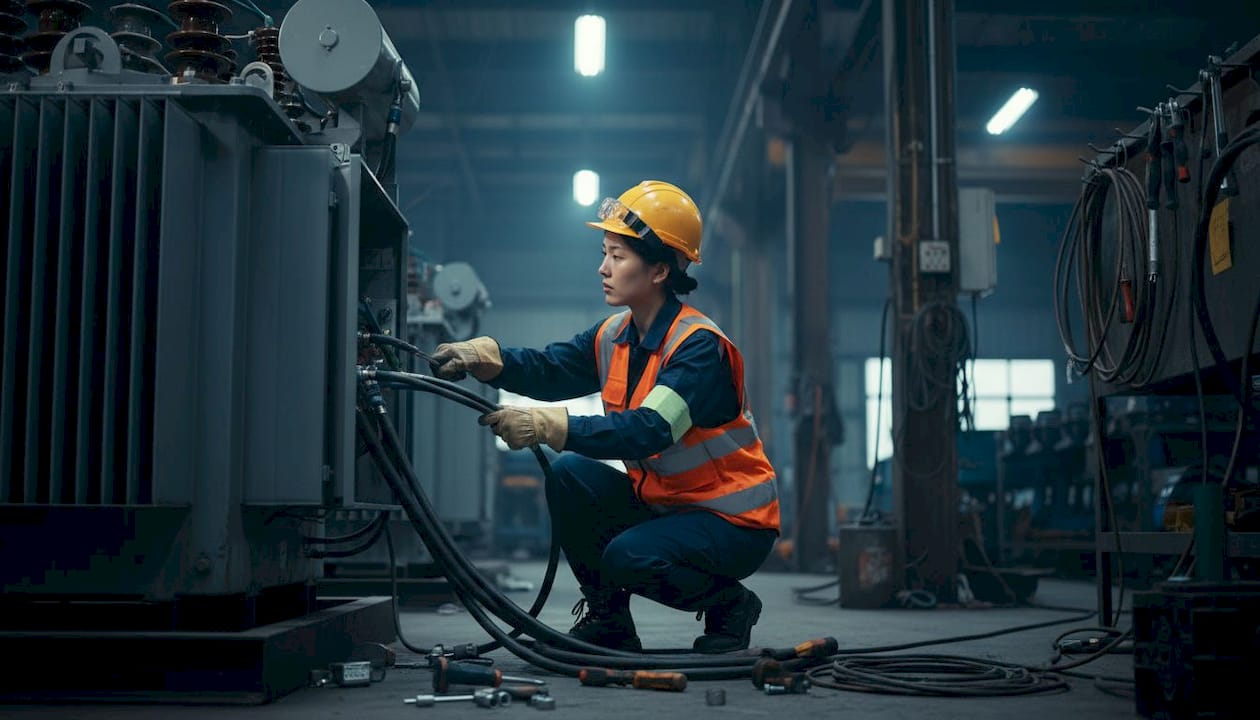 Industrial electrician working on factory control panel