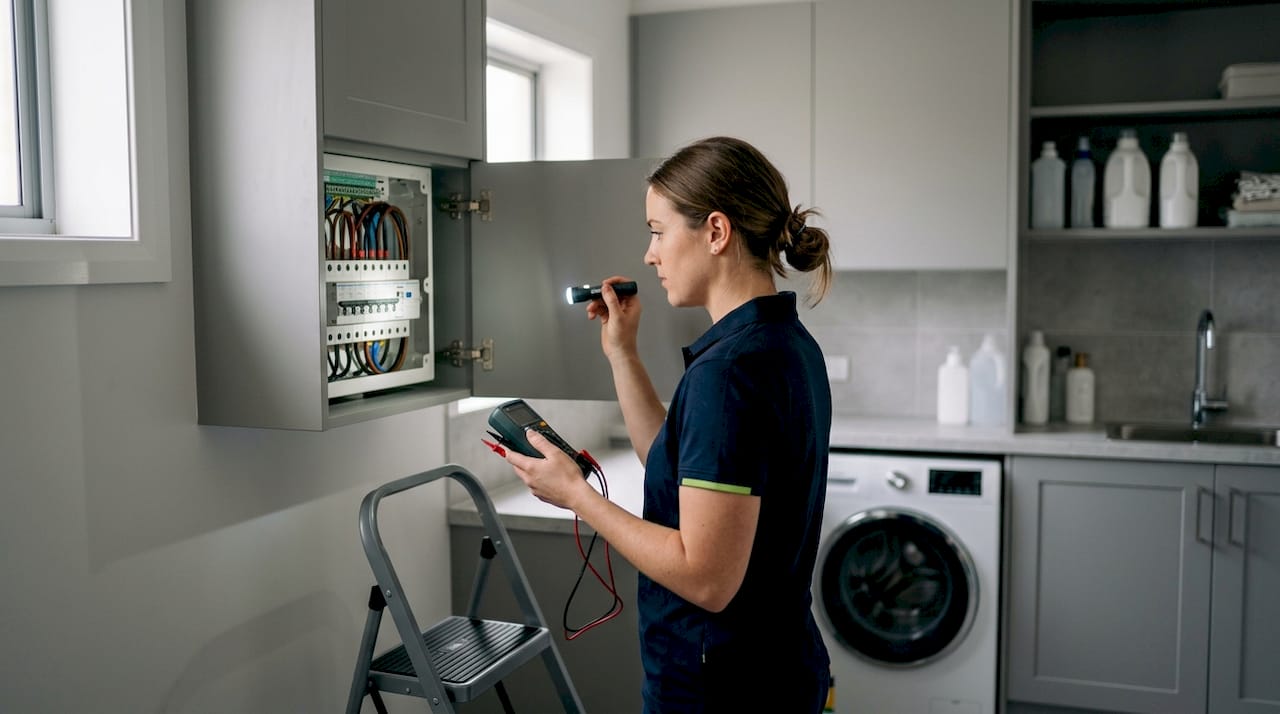 Electrician inspecting home electrical panel
