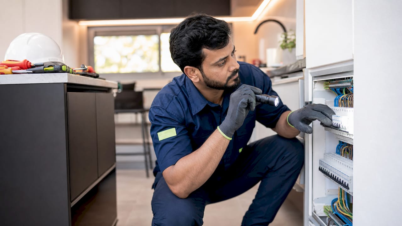 Electrician checking open consumer unit in utility room