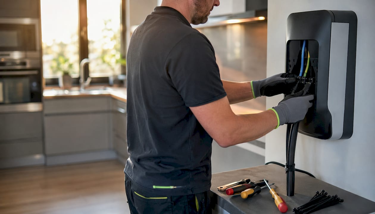 Close-up of hands wiring home EV charger unit