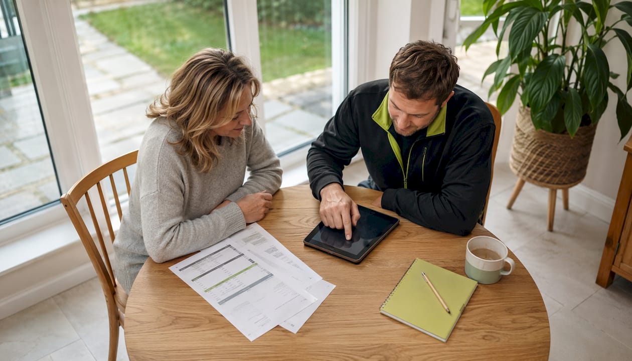 Homeowner and installer reviewing installation quotes