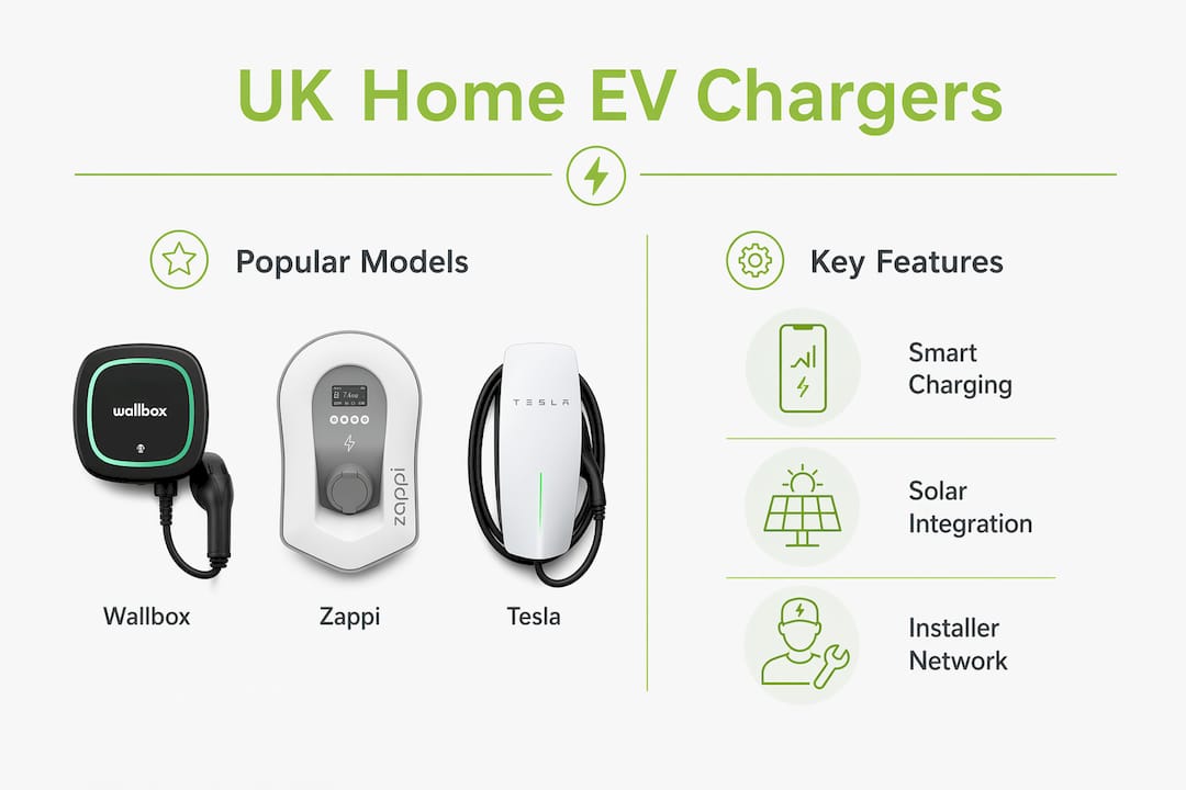 Infographic showing comparison of UK home EV chargers and features
