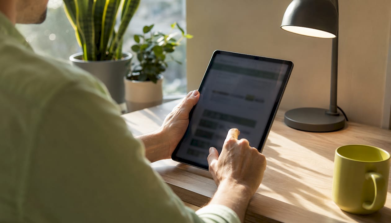 Hands browsing electrician credentials on tablet