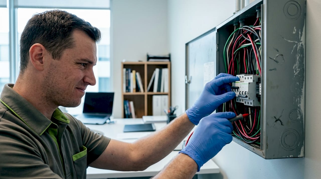 Hands adjusting electrical wiring in panel