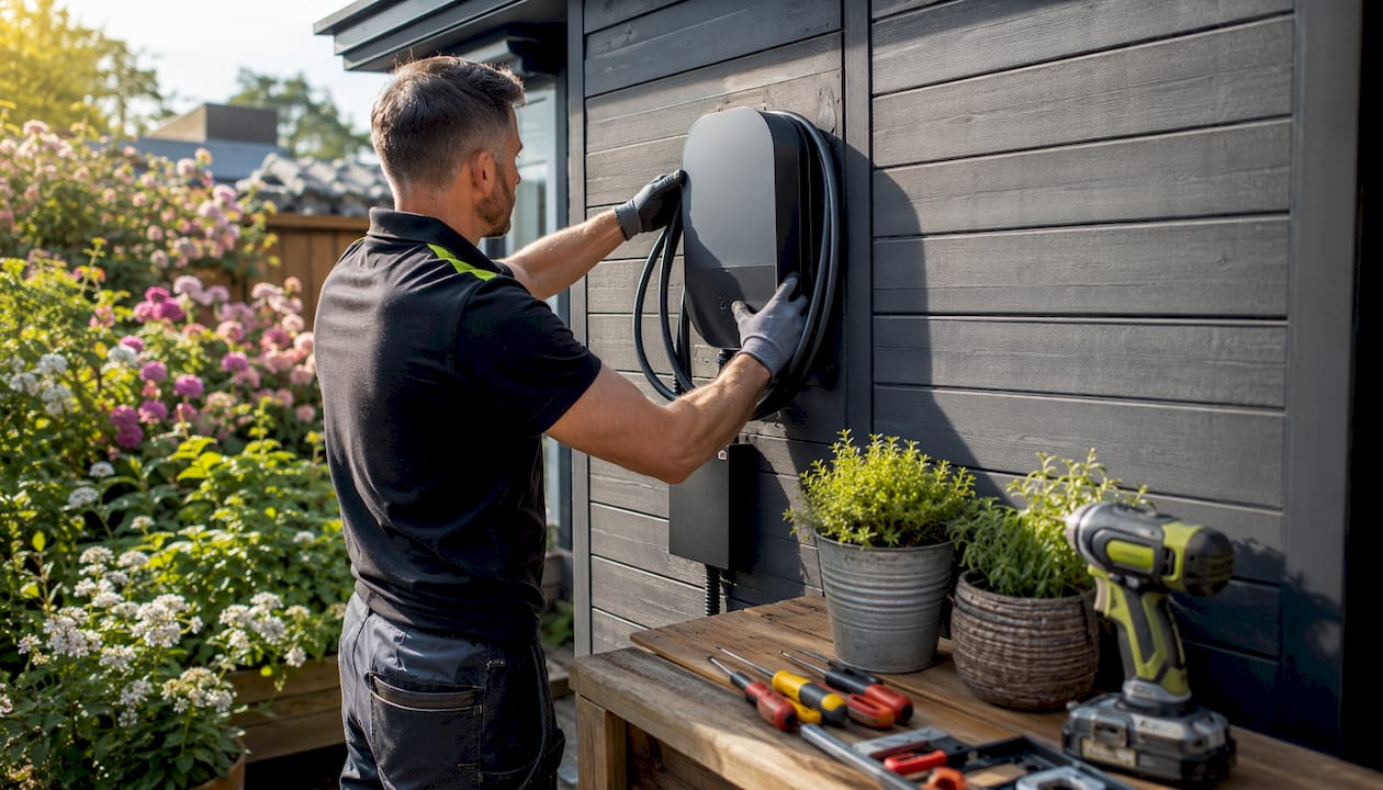 Electrician installing 7kW EV charger outdoors