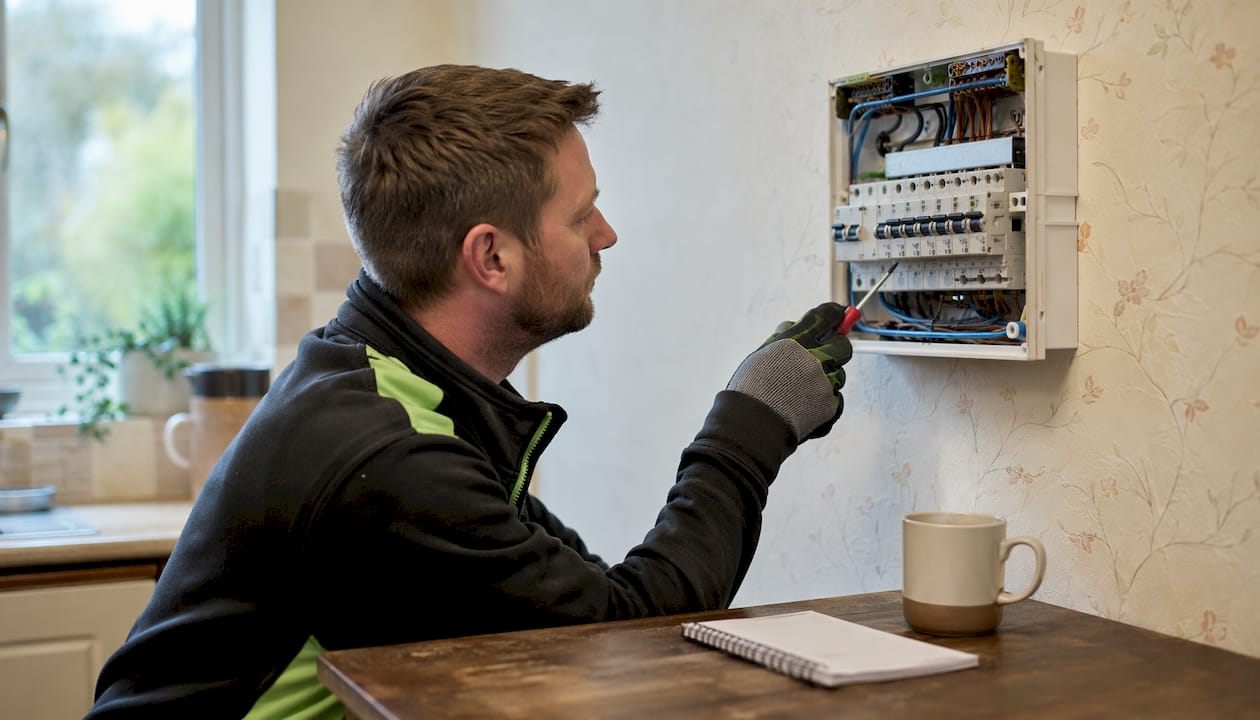Hands preparing electrical consumer unit for inspection