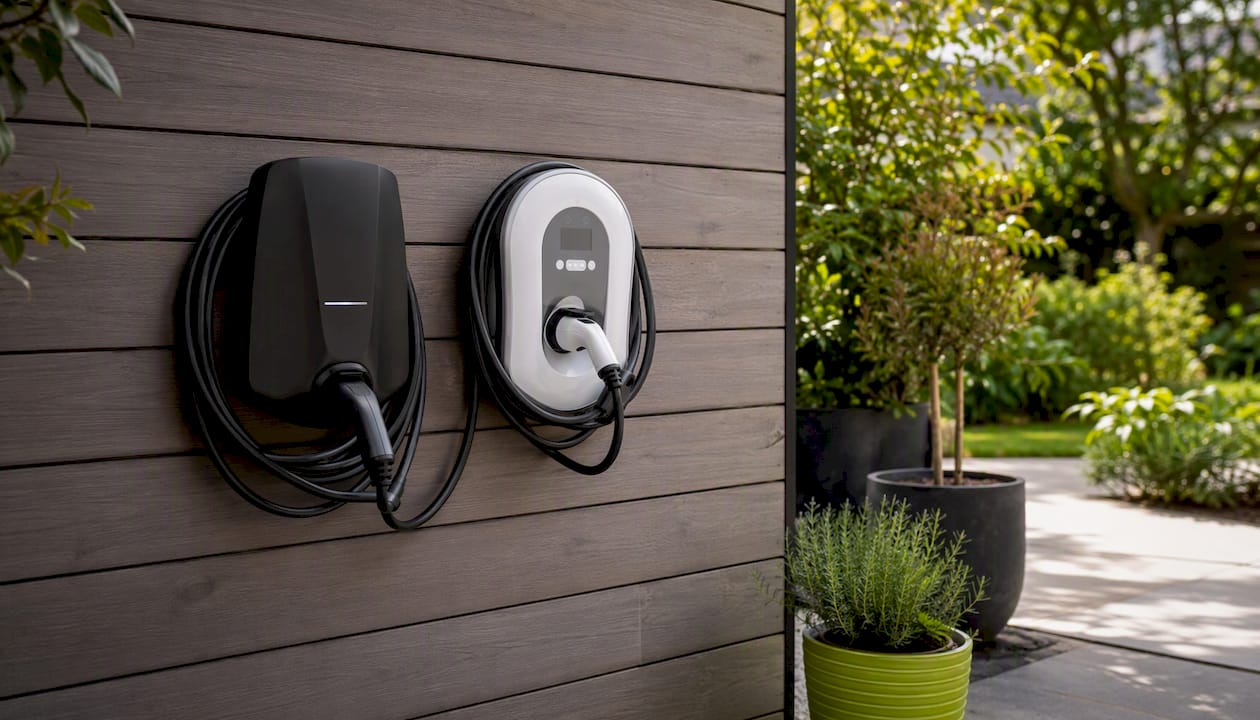 Side-by-side home EV chargers mounted on wall