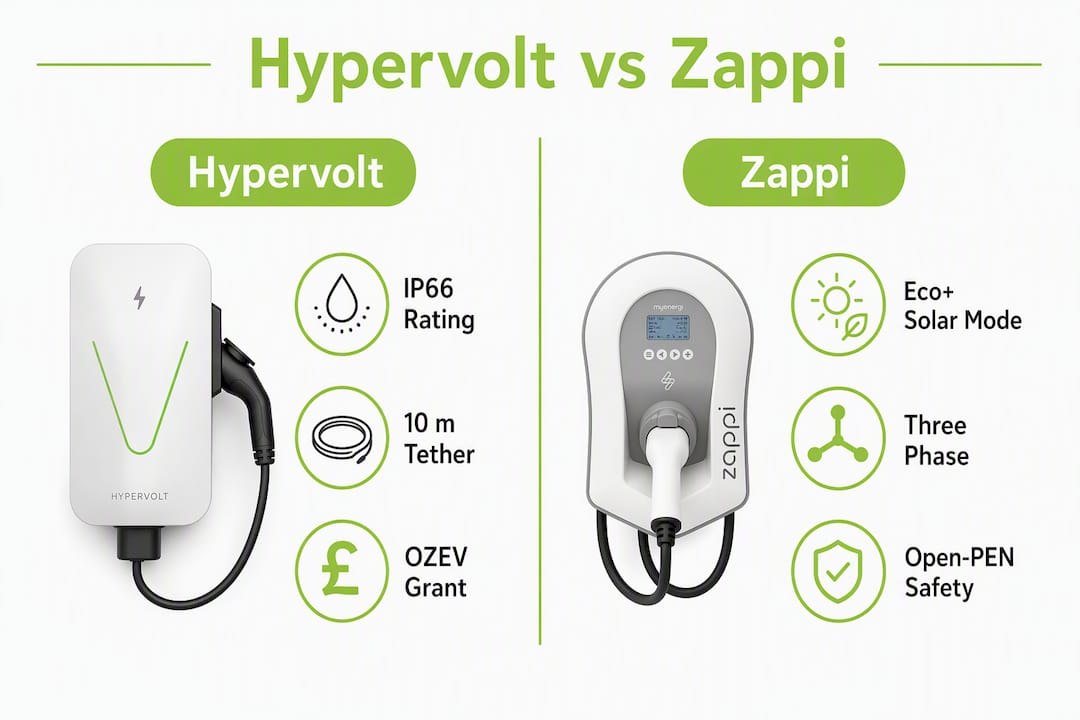 Infographic comparing Hypervolt and Zappi EV charger features