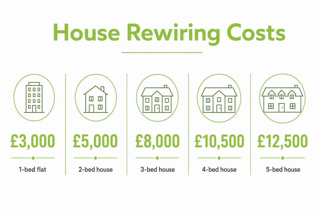 Infographic of UK house rewiring costs by property size