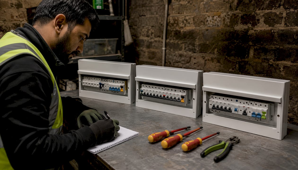 Electrician comparing types of consumer units