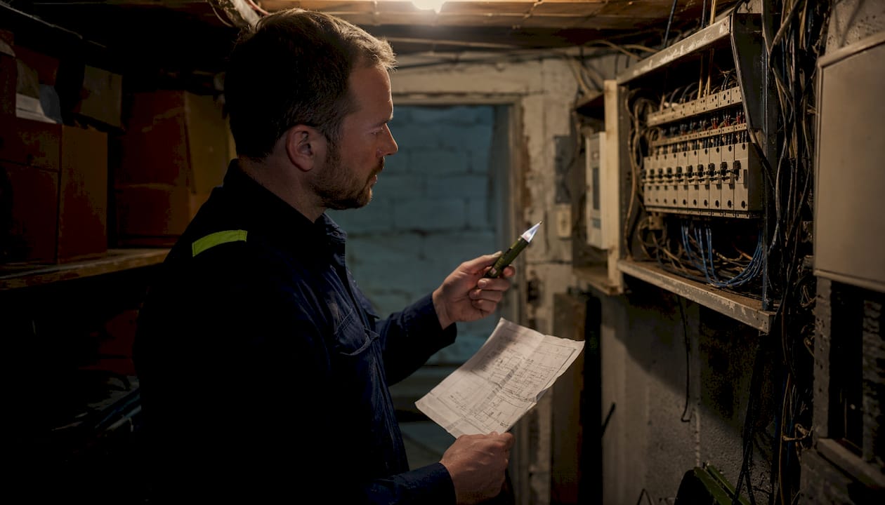 Electrician inspecting consumer unit in hallway