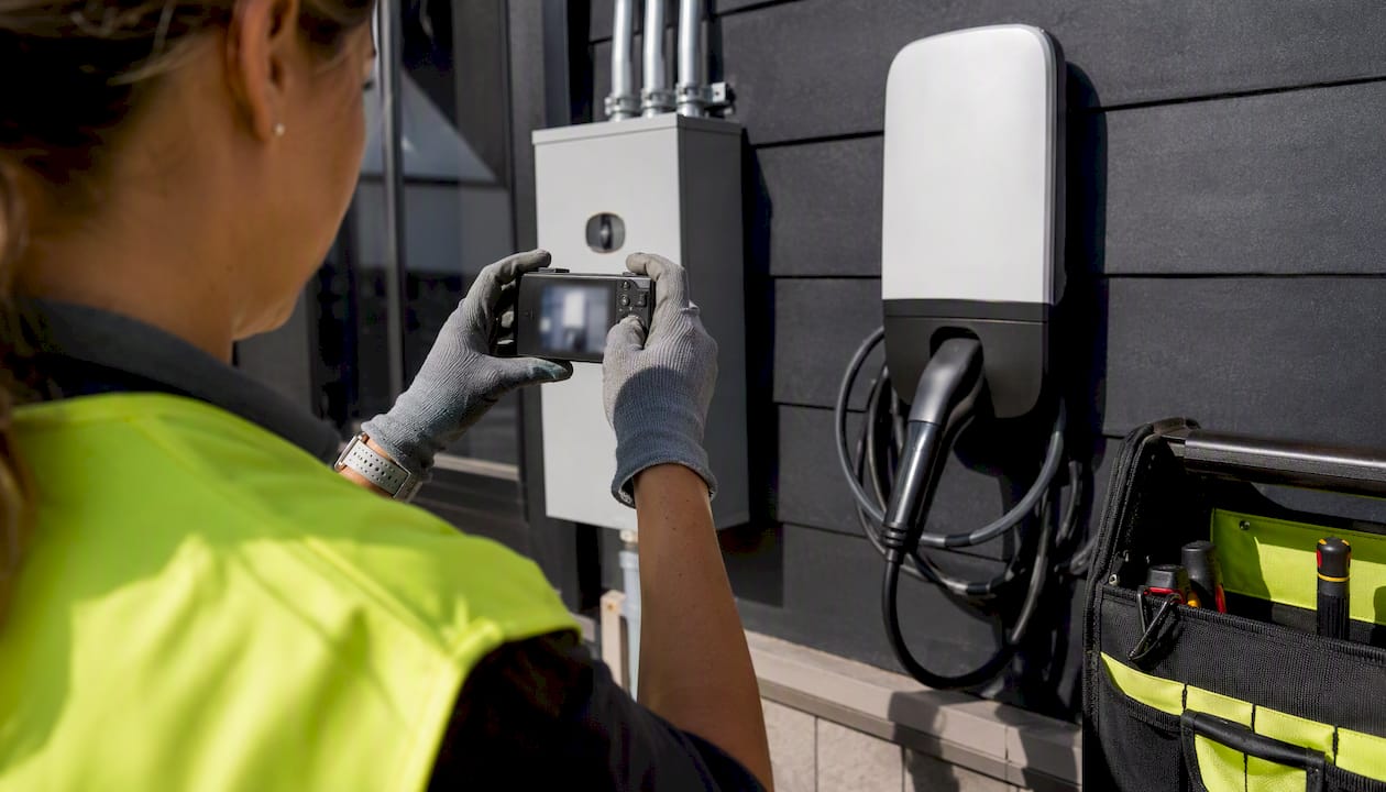 Electrician photographing EV charger for grant claim