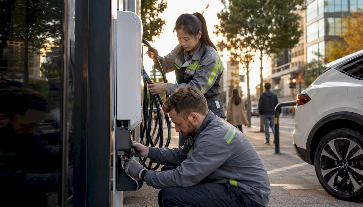 Electricians installing EV charger in flat parking garage