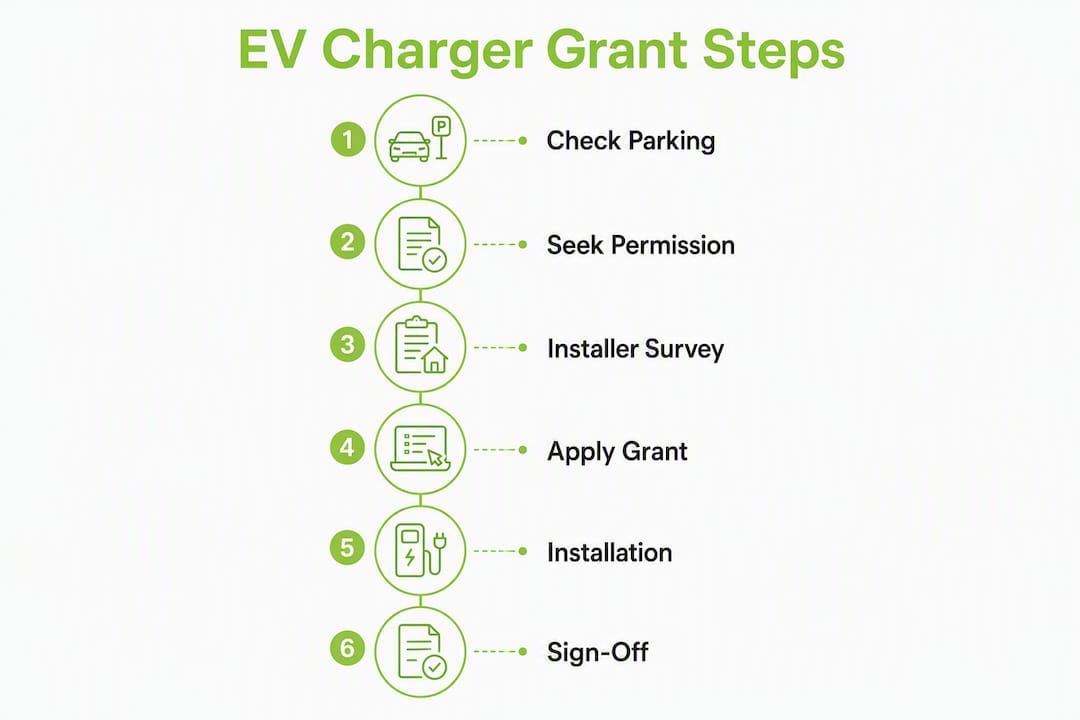 Infographic illustrating EV charger grant application steps for flats