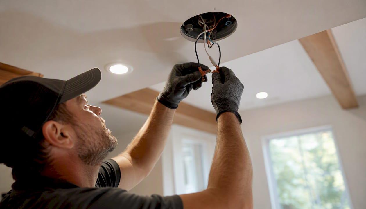 Electrician wiring ceiling junction box