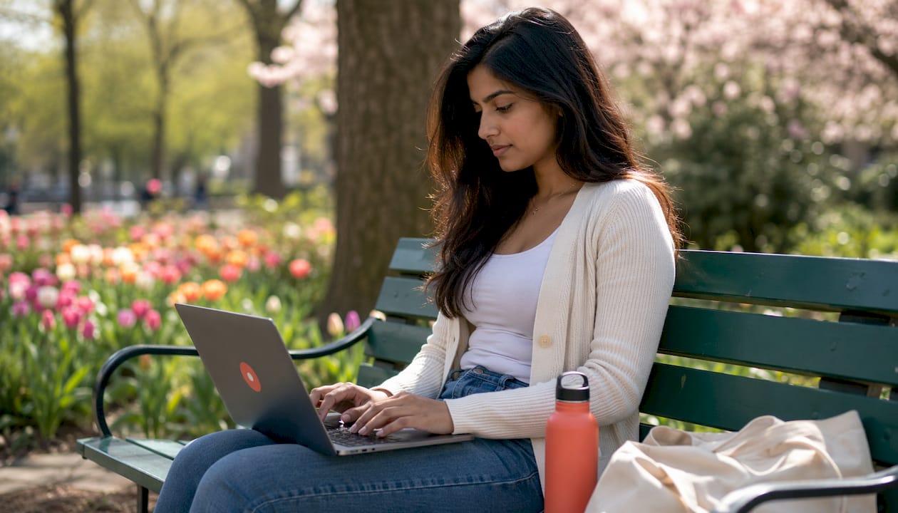 Woman at café sharing files on laptop
