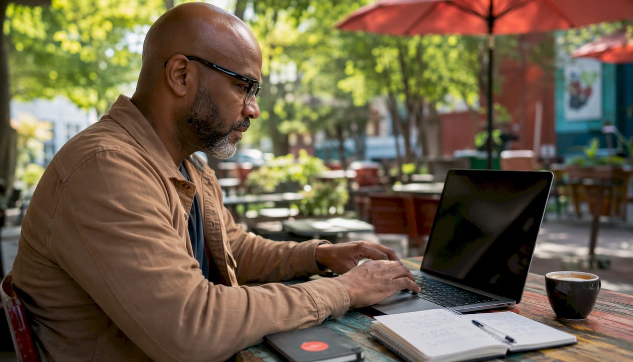 Man saving screenshot on office desktop