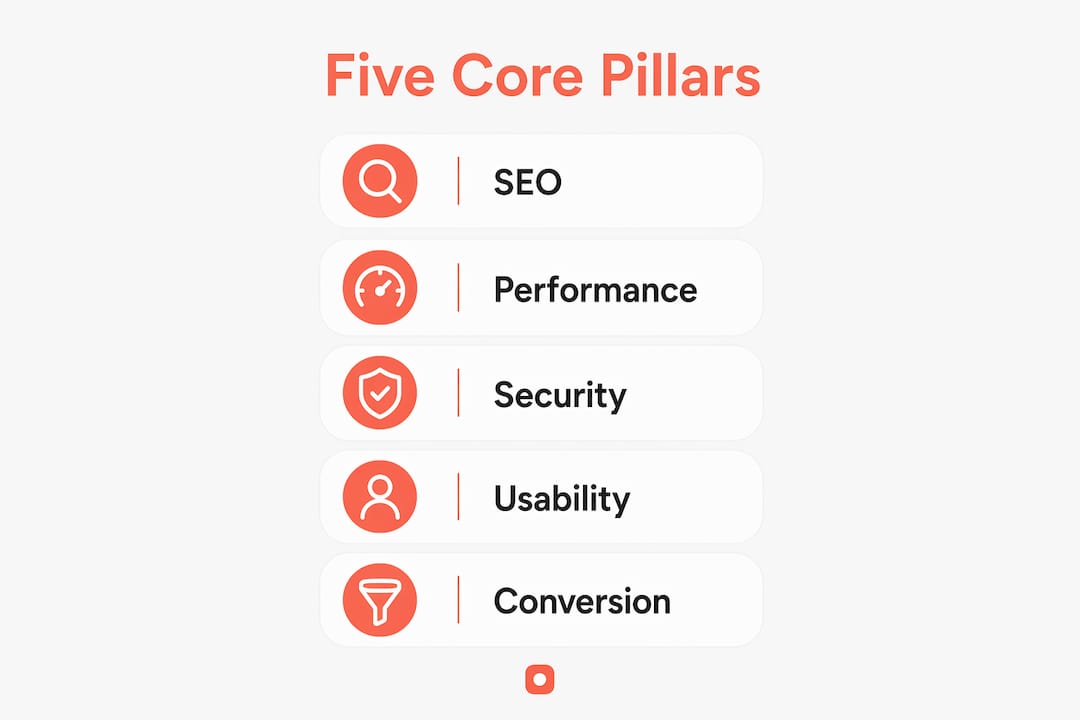 Infographic of five core pillars in website review process