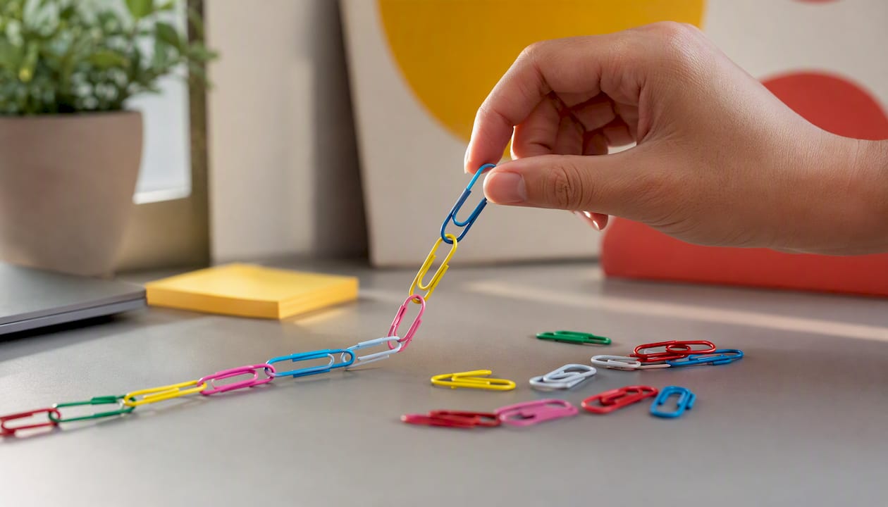 Hand linking colorful paperclips on desk