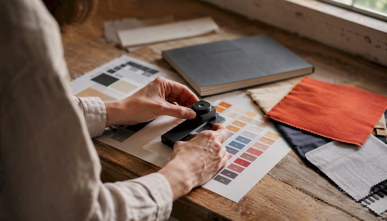 Hands measuring color contrast with device