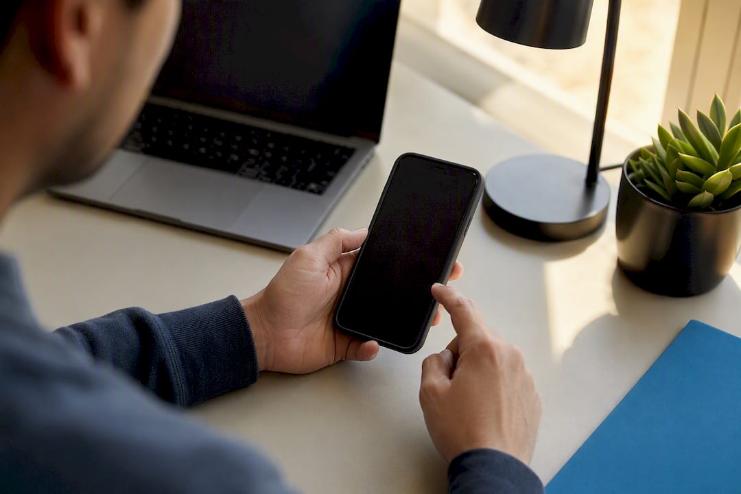 Hand near smartphone on desk