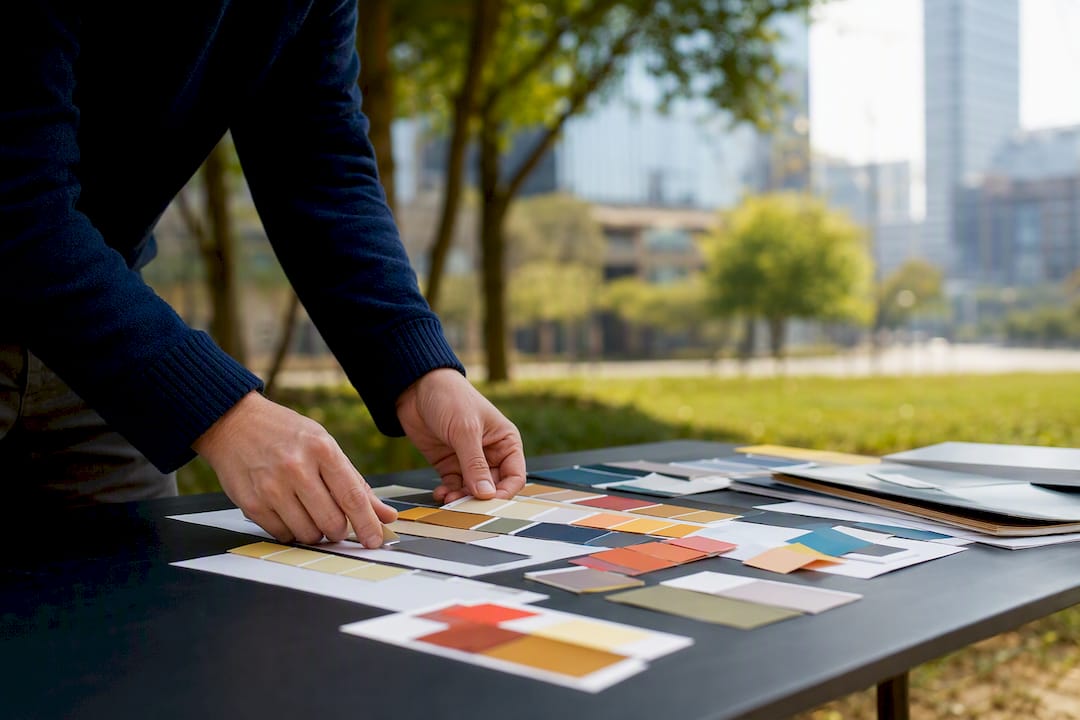 Hands arranging design quality control samples