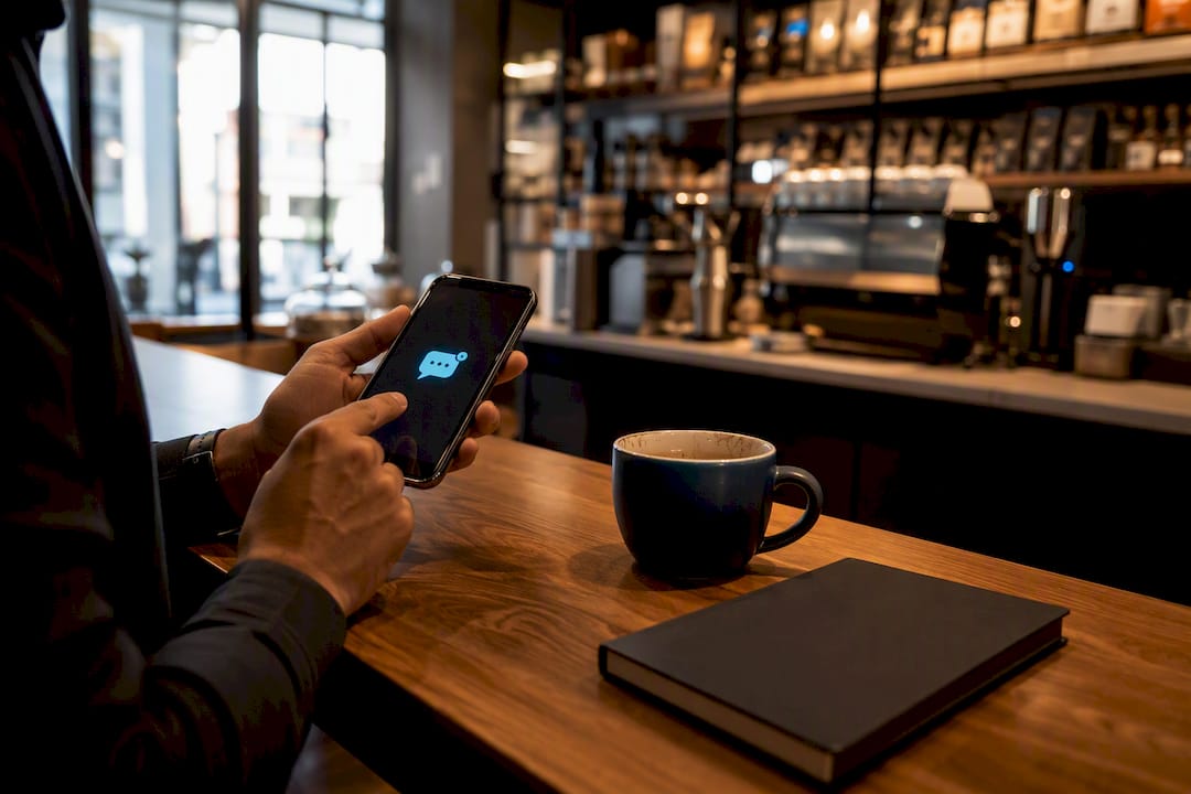 Hand tapping smartphone with chatbot notification