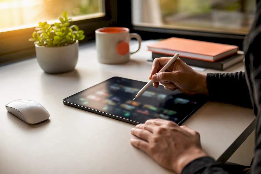 Hands tagging digital asset on tablet
