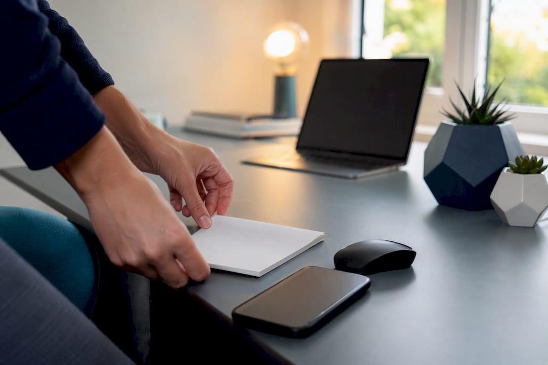 Hand arranging chatbot setup tools on desk