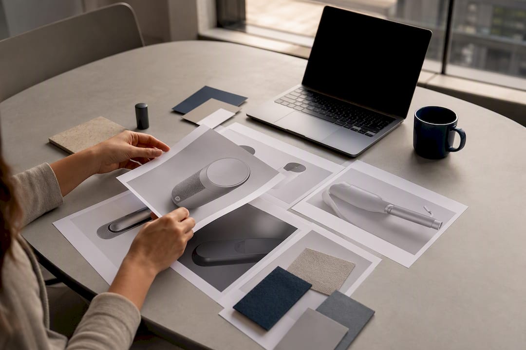 Hands sorting physical product catalog samples