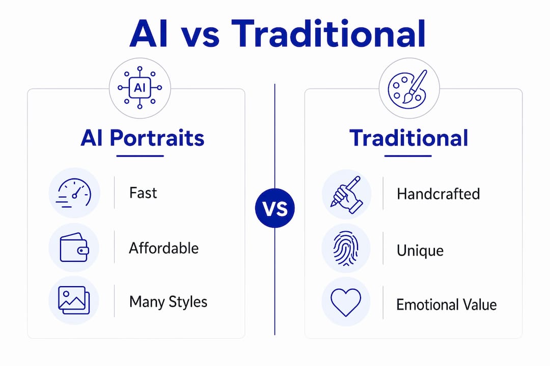 Infographic comparing AI and traditional pet portraits