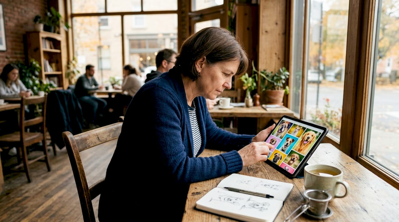 Hands using computer to create AI pet portrait