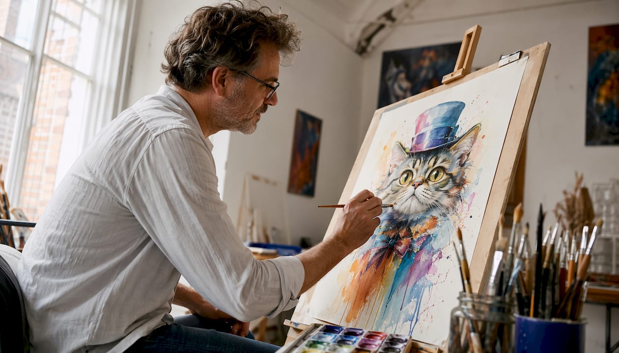 Artist drawing caricature pet portrait in studio