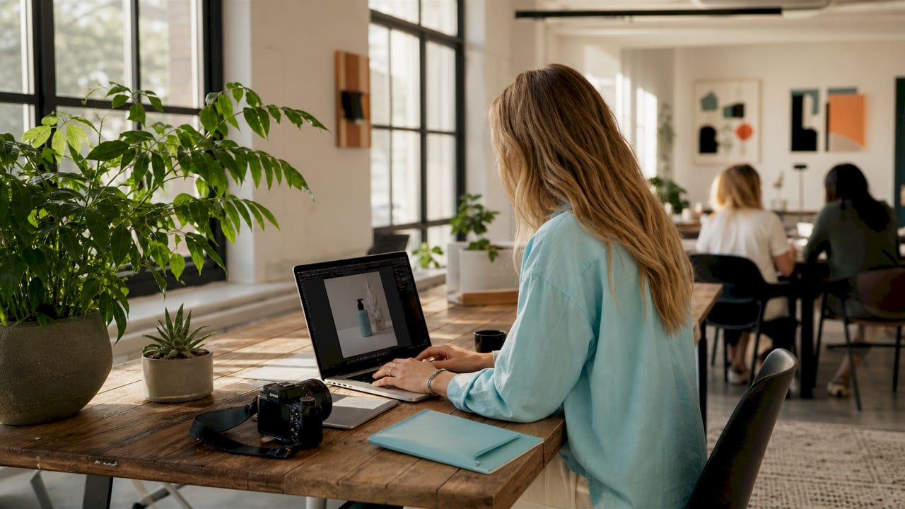 Hands editing photo realistic mockup on computer