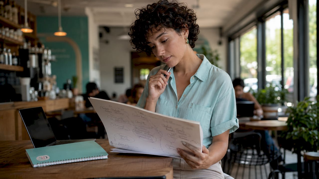 Startup founder reviewing business plan materials