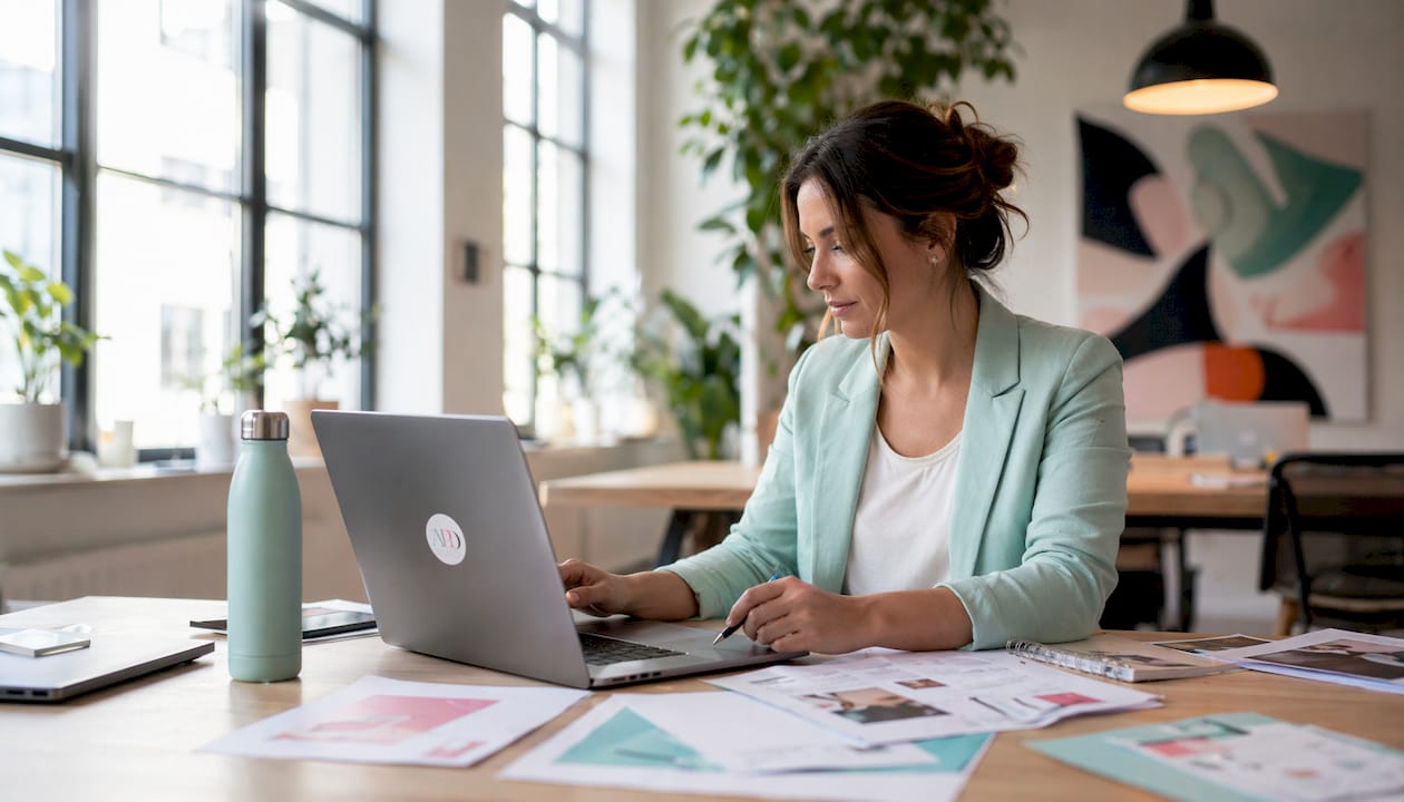 Woman designing flyer on laptop